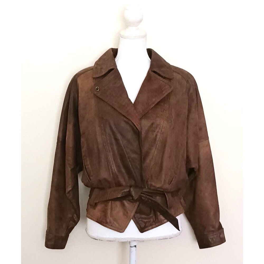VTG 80s Winlit Brown Leather Crop Jacket Distressed Belted Shoulder Pads Sz S/M